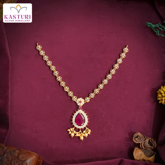 Drop Shape Ruby Necklace With Pearl