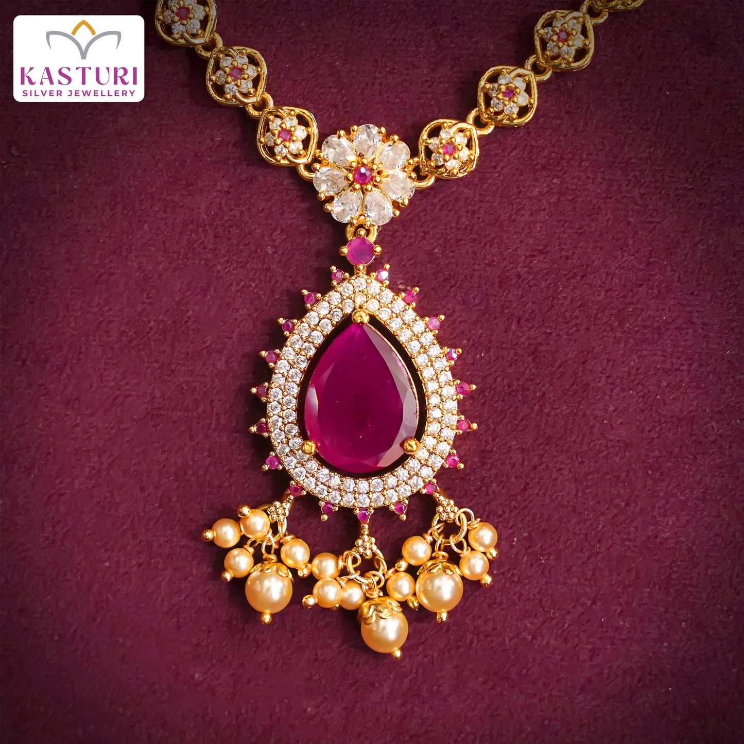 Drop Shape Ruby Necklace With Pearl